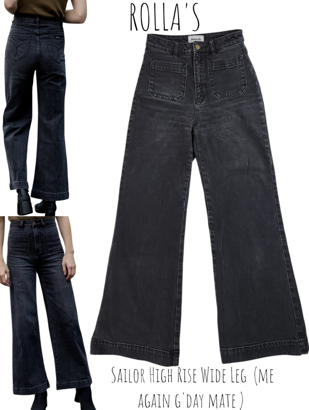 Rolla's women's high rise wide leg me again g'day mate black wash denim jeans 26